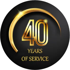 Black badge celebrating 40 years of service with gold text.