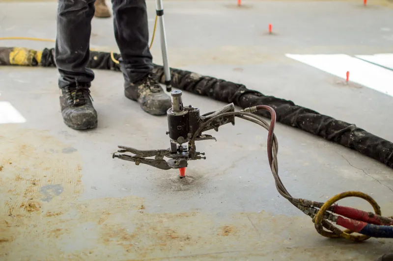 Worker using industrial concrete floor leveling machine.