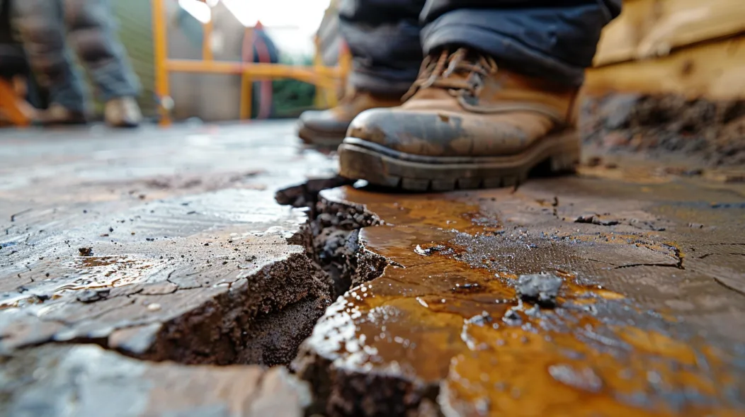 Worker's boots on muddy construction site.