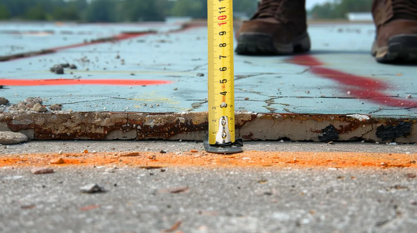 Measuring tape on cracked, painted concrete surface.