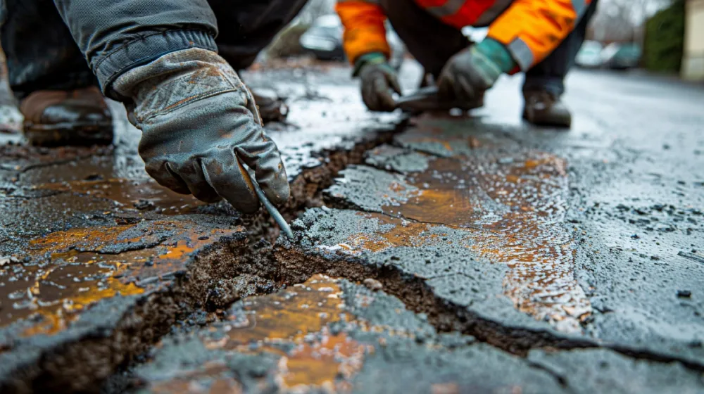 Workers repair wet pothole on asphalt road.