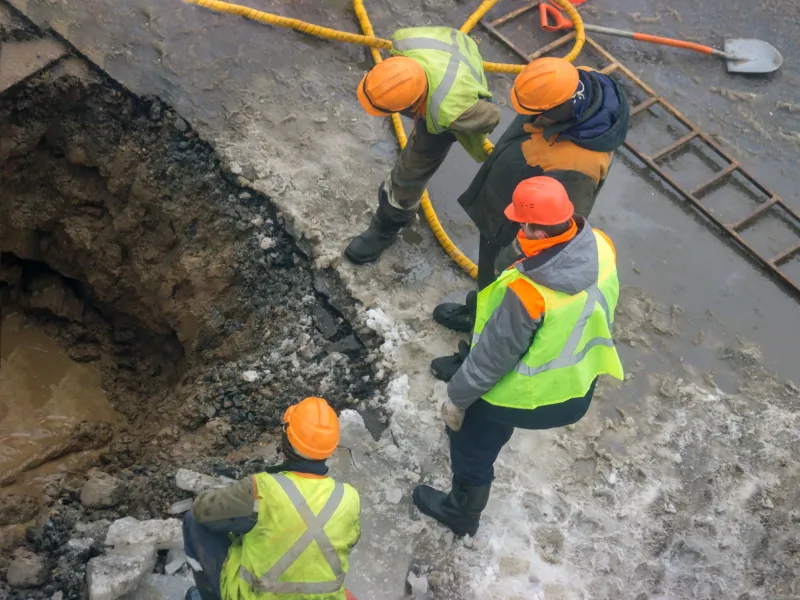 Workers in reflective vests inspecting voids