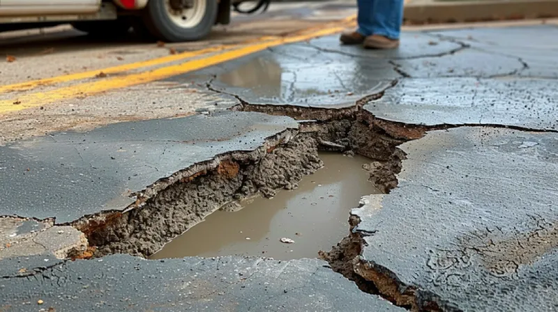 Deep pothole on cracked urban street.