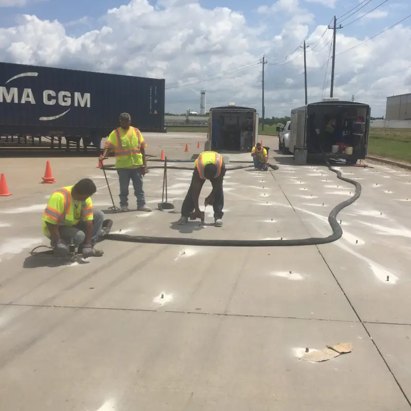 Workers repairing concrete at industrial site.